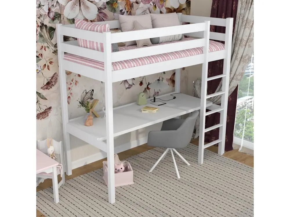 Ensemble modulable Lit mezzanine en bois - avec bureau N05 Blanc 100x190