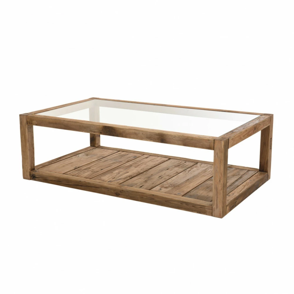 Ensemble modulable Table basse 1 plateau verre 1 plateau bois en pin recyclé l140