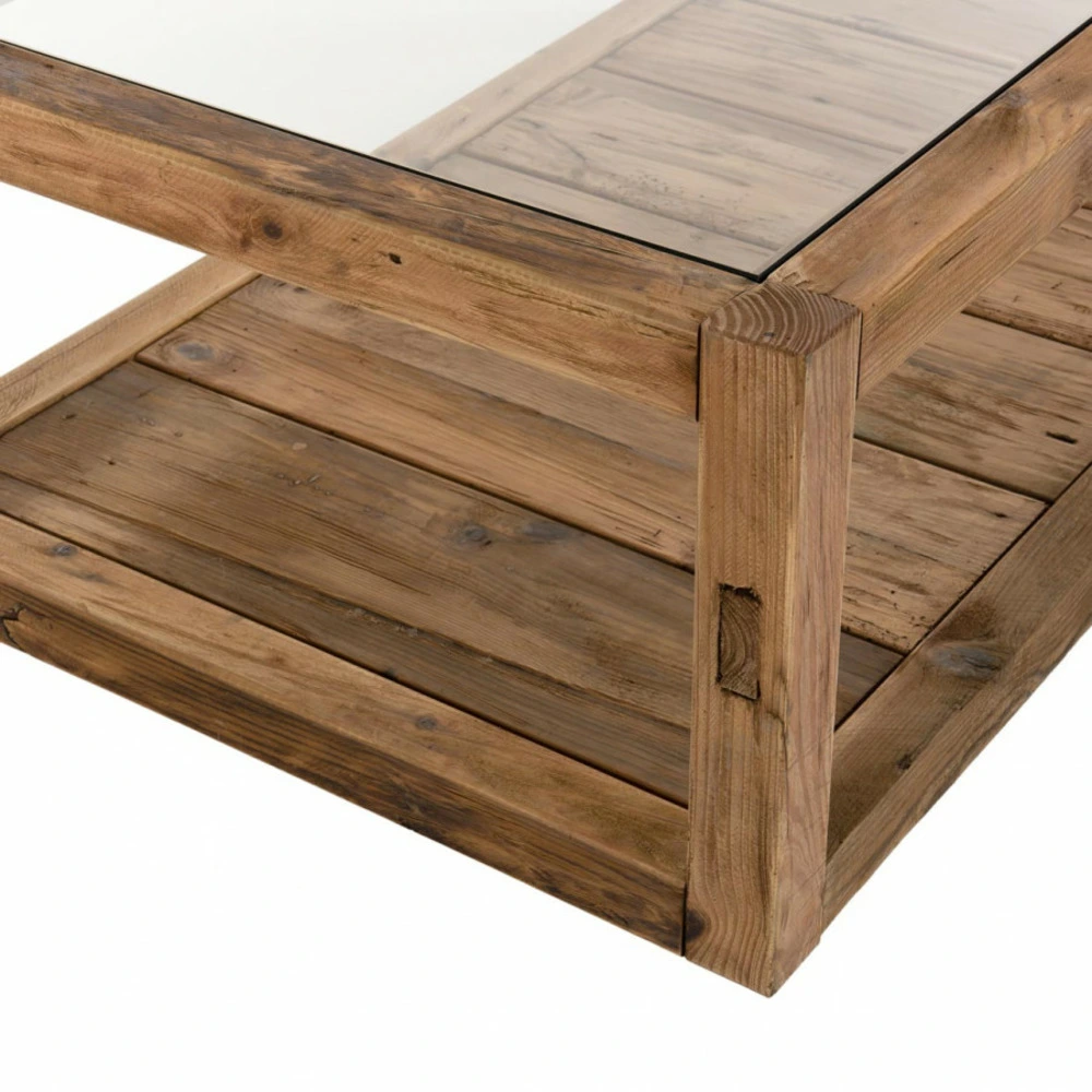 Ensemble modulable Table basse 1 plateau verre 1 plateau bois en pin recyclé l140