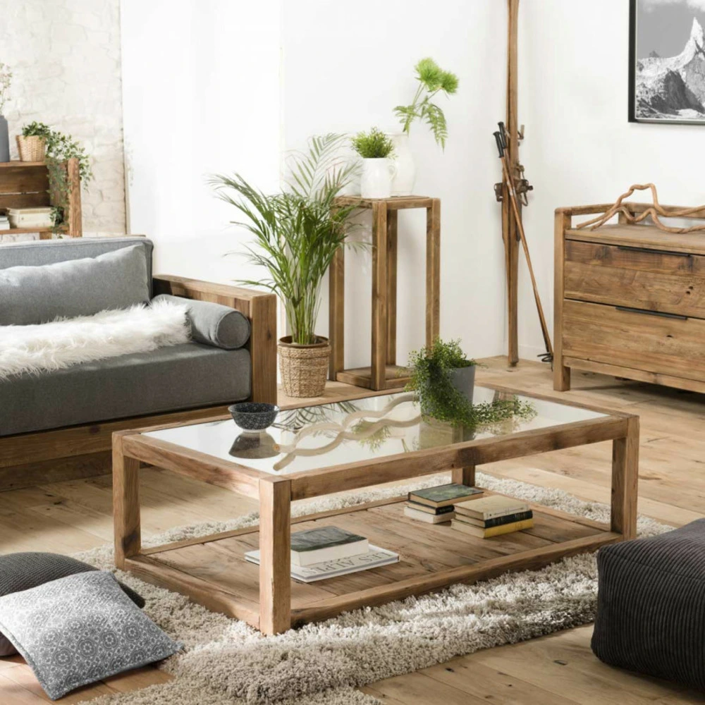 Ensemble modulable Table basse 1 plateau verre 1 plateau bois en pin recyclé l140