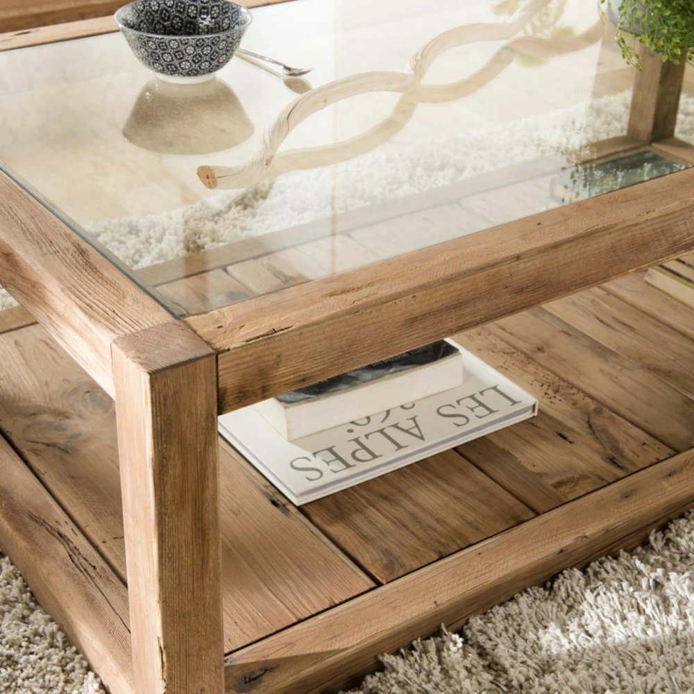 Ensemble modulable Table basse 1 plateau verre 1 plateau bois en pin recyclé l140