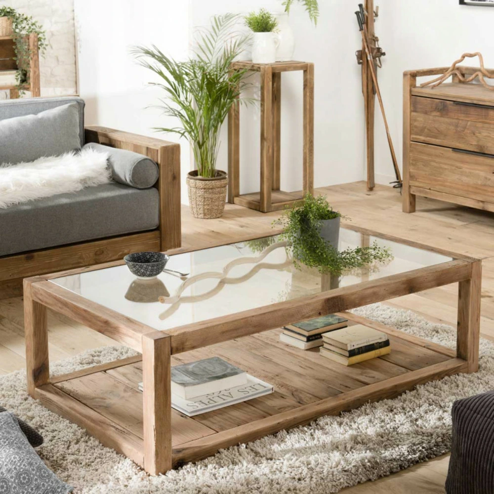 Ensemble modulable Table basse 1 plateau verre 1 plateau bois en pin recyclé l140