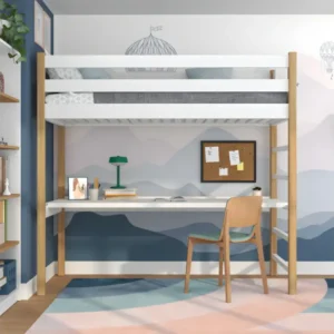 Lit mezzanine en bois - avec bureau N01 Blanc / Chêne Naturel 90x180 pour adulte