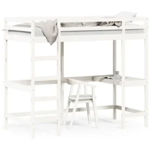 Lit superposé avec bureau blanc 90x190 bois de pin massif avec panneaux acoustiques