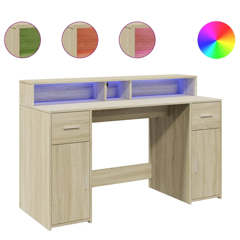 Bureau assis-debout Bureau table poste de travail meuble d'ordinateur informatique étude avec lumières LED chêne sonoma bo...