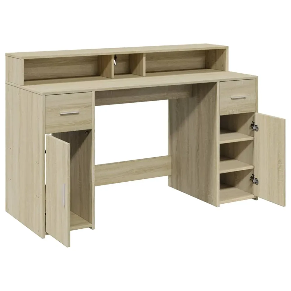 Bureau assis-debout Bureau table poste de travail meuble d'ordinateur informatique étude avec lumières LED chêne sonoma bo...