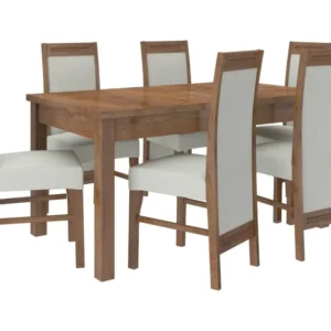 Bureau assis-debout Ensemble table extensible 140-180cm et 6 chaises en bois marron et tissu beige évident Valka
