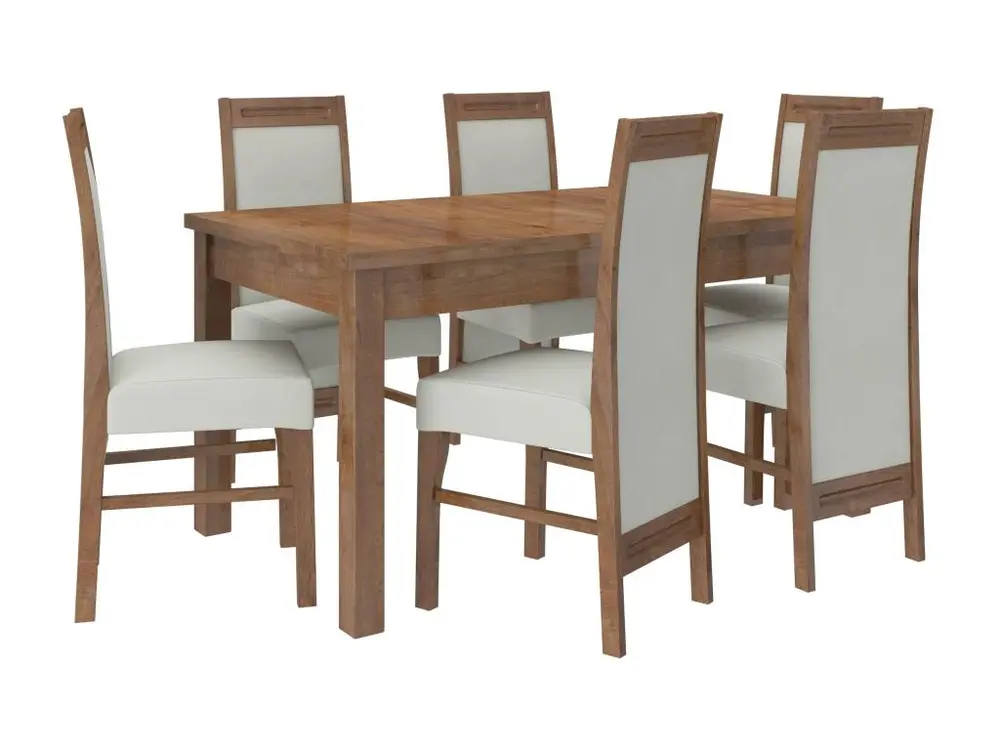 Bureau assis-debout Ensemble table extensible 140-180cm et 6 chaises en bois marron et tissu beige évident Valka