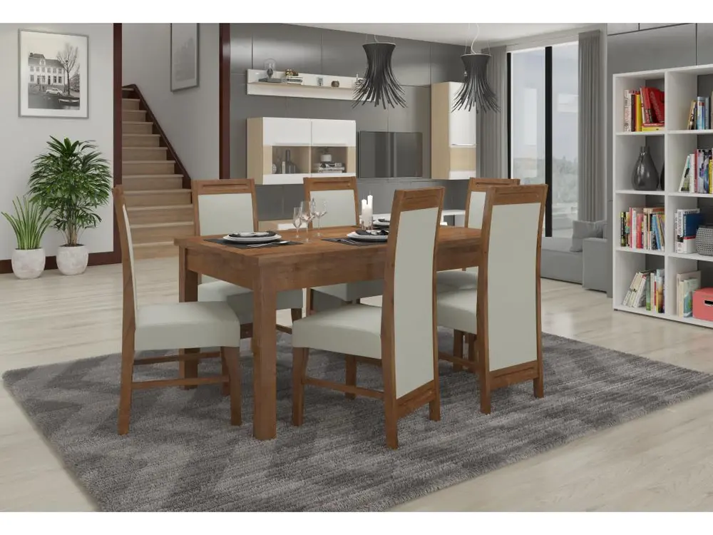 Bureau assis-debout Ensemble table extensible 140-180cm et 6 chaises en bois marron et tissu beige évident Valka