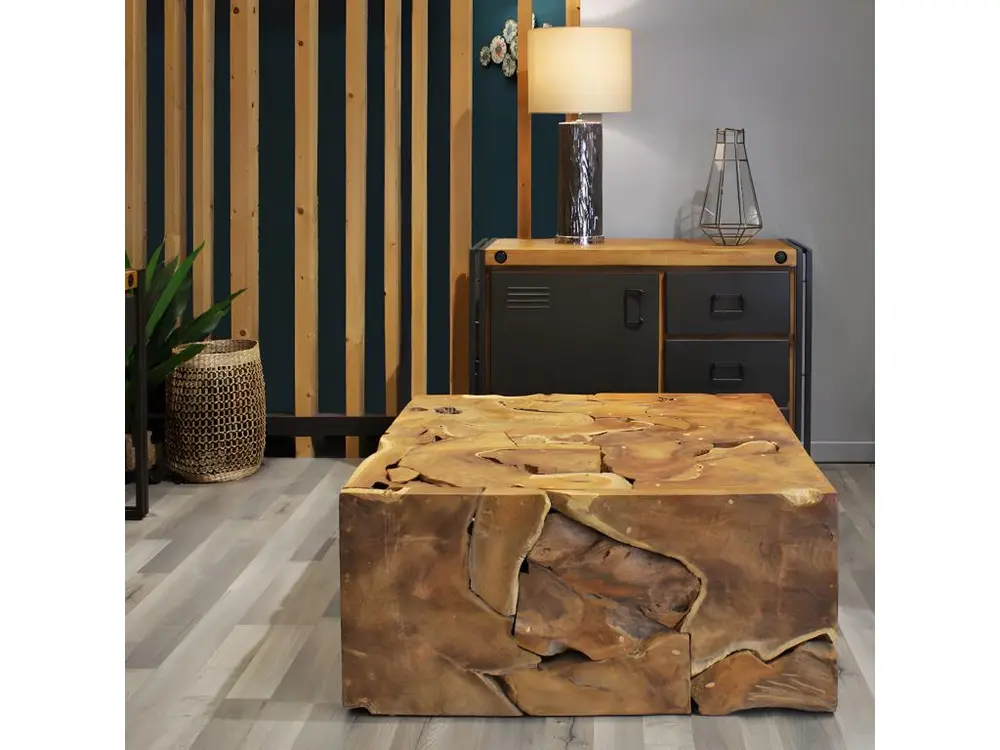 Bureau assis-debout Table basse carrée L.100 cm avec assemblage de bois de teck - TEKKU
