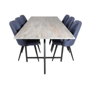 Bureau à compartiments intégrés Jepara ensemble table, table teck et 6 En velours Deluxe chaises bleu, noir.