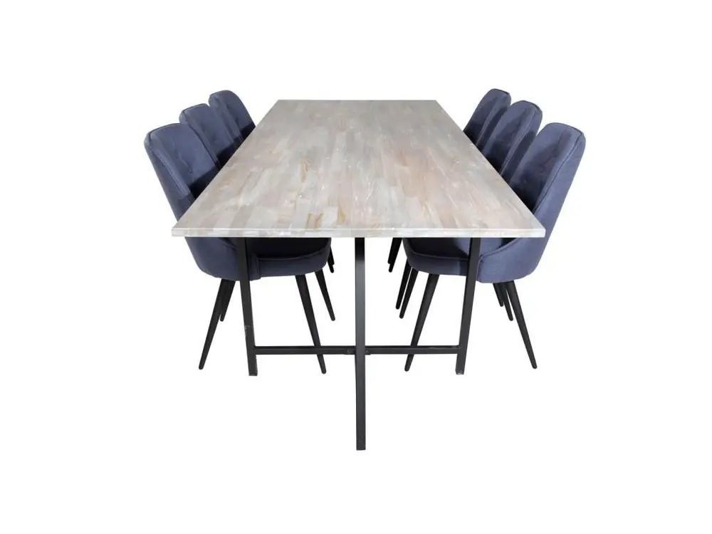 Bureau à compartiments intégrés Jepara ensemble table, table teck et 6 En velours Deluxe chaises bleu, noir.