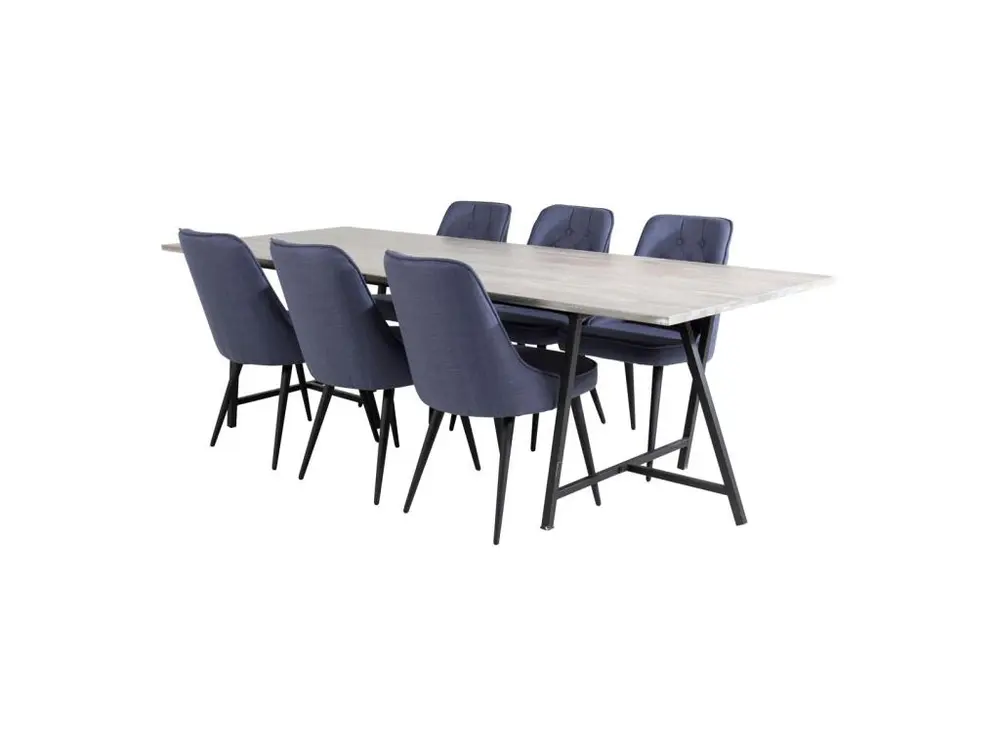 Bureau à compartiments intégrés Jepara ensemble table, table teck et 6 En velours Deluxe chaises bleu, noir.