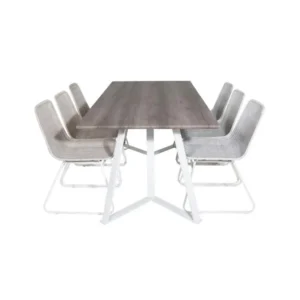 Bureau à compartiments intégrés MarinaGRWH ensemble table, table gris et 6 Cirebon chaises rougein whitewash.