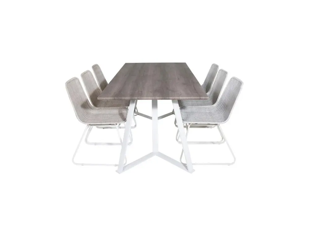 Bureau à compartiments intégrés MarinaGRWH ensemble table, table gris et 6 Cirebon chaises rougein whitewash.