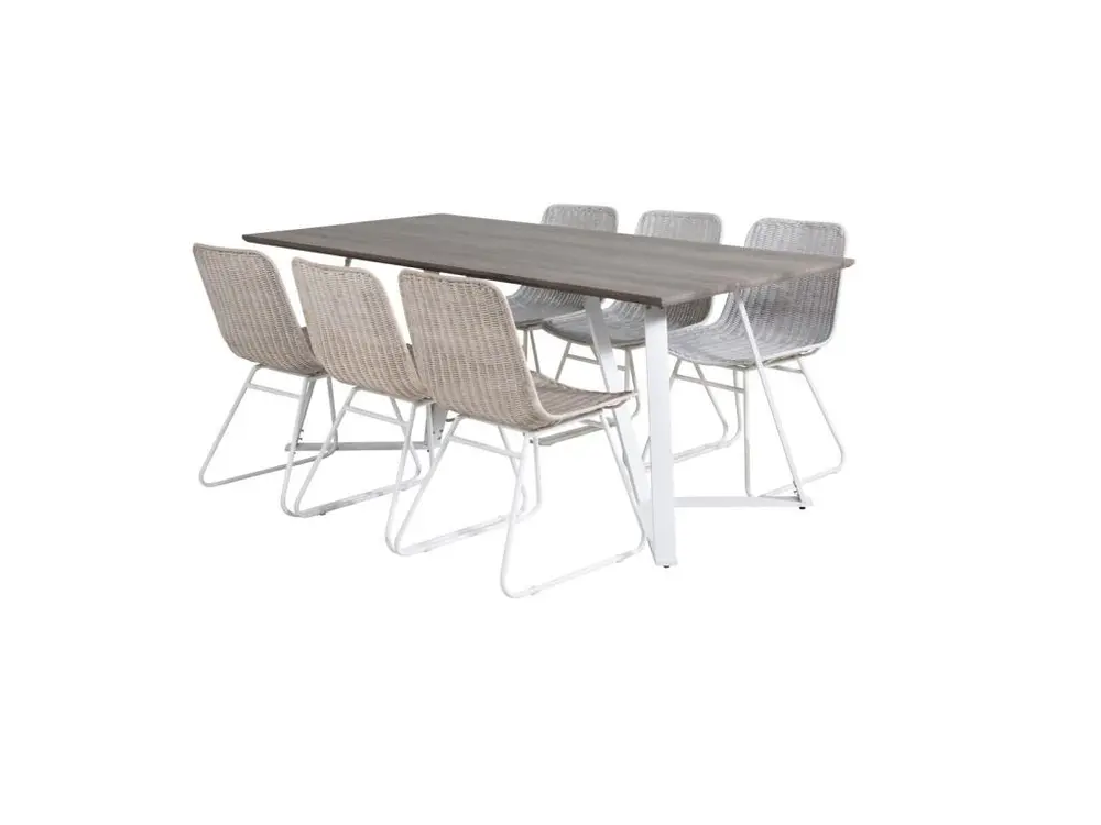 Bureau à compartiments intégrés MarinaGRWH ensemble table, table gris et 6 Cirebon chaises rougein whitewash.
