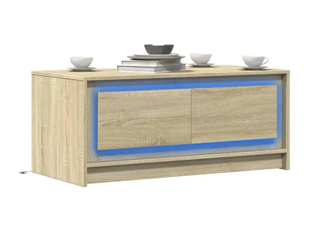 Bureau à compartiments intégrés Table basse avec lumières LED chêne sonoma bois d'ingénierie