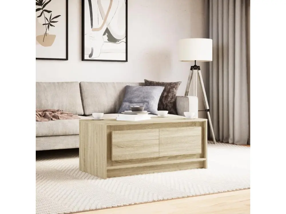 Bureau à compartiments intégrés Table basse avec lumières LED chêne sonoma bois d'ingénierie