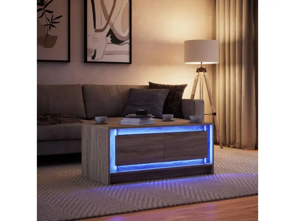 Bureau à compartiments intégrés Table basse avec lumières LED chêne sonoma bois d'ingénierie