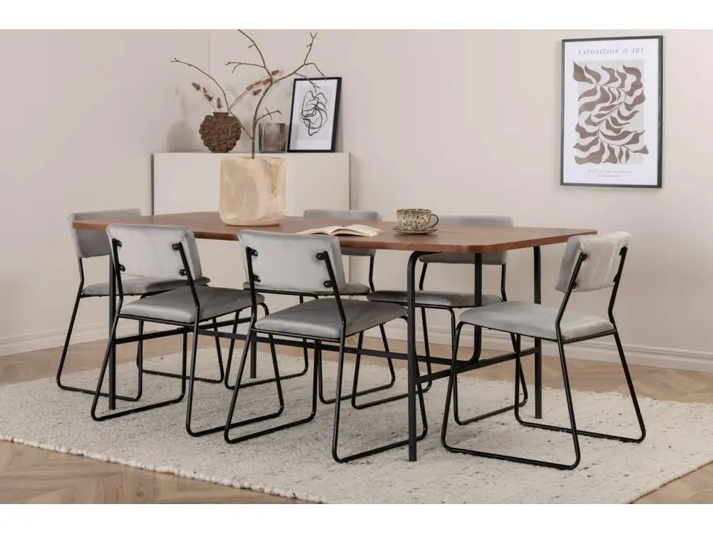 Bureau à compartiments intégrés UnoWA ensemble table, table noyer décor et 6 Kenth chaises Velours gris.