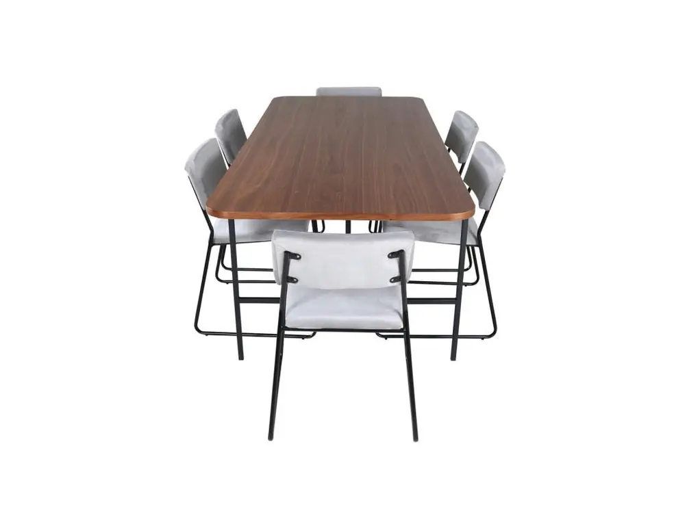 Bureau à compartiments intégrés UnoWA ensemble table, table noyer décor et 6 Kenth chaises Velours gris.