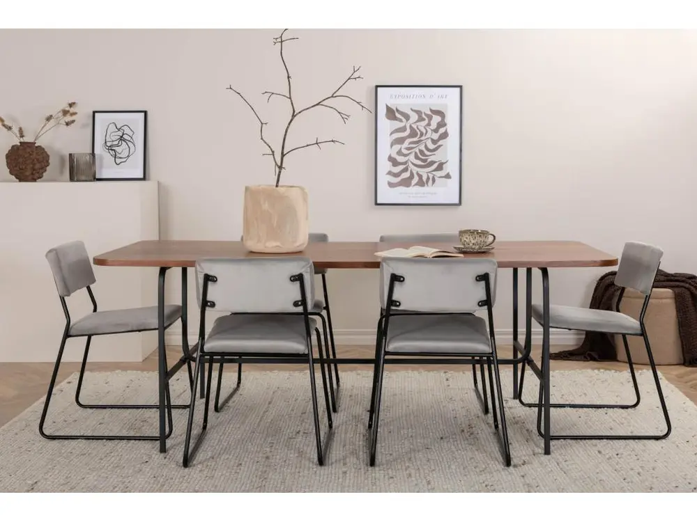Bureau à compartiments intégrés UnoWA ensemble table, table noyer décor et 6 Kenth chaises Velours gris.