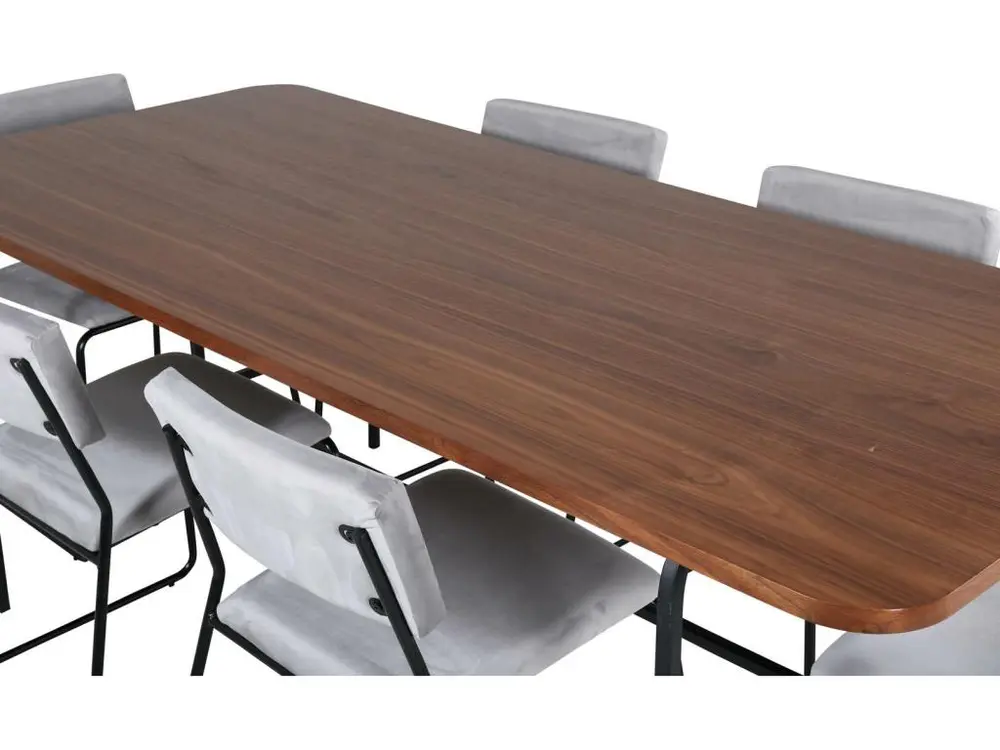 Bureau à compartiments intégrés UnoWA ensemble table, table noyer décor et 6 Kenth chaises Velours gris.