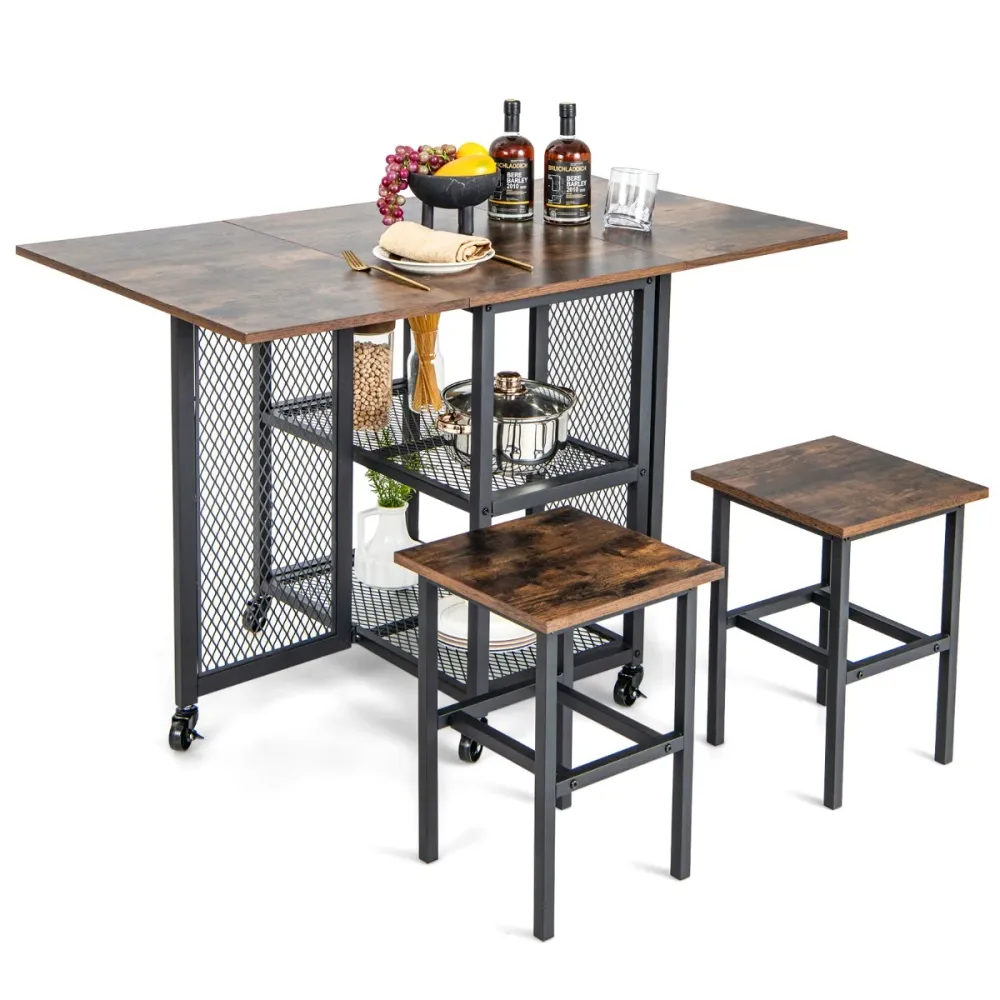 Bureau Professionnel Ensemble de table à manger pliante 3 pièces avec 2 tabourets avec roulettes verrouillables 2 étagères...