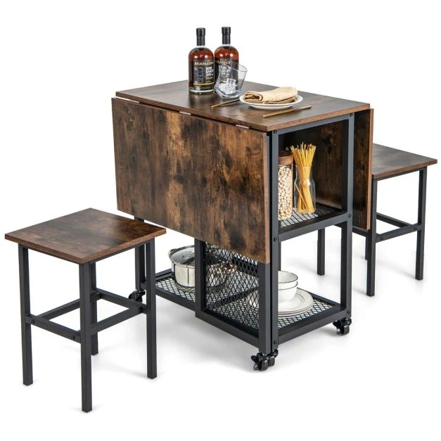 Bureau Professionnel Ensemble de table à manger pliante 3 pièces avec 2 tabourets avec roulettes verrouillables 2 étagères...