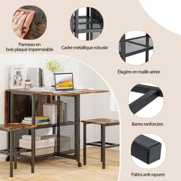 Bureau Professionnel Ensemble de table à manger pliante 3 pièces avec 2 tabourets avec roulettes verrouillables 2 étagères...