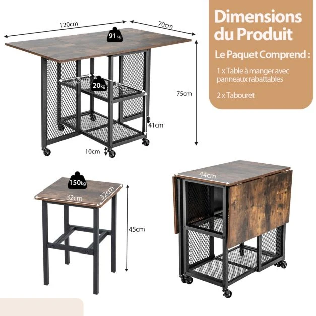 Bureau Professionnel Ensemble de table à manger pliante 3 pièces avec 2 tabourets avec roulettes verrouillables 2 étagères...