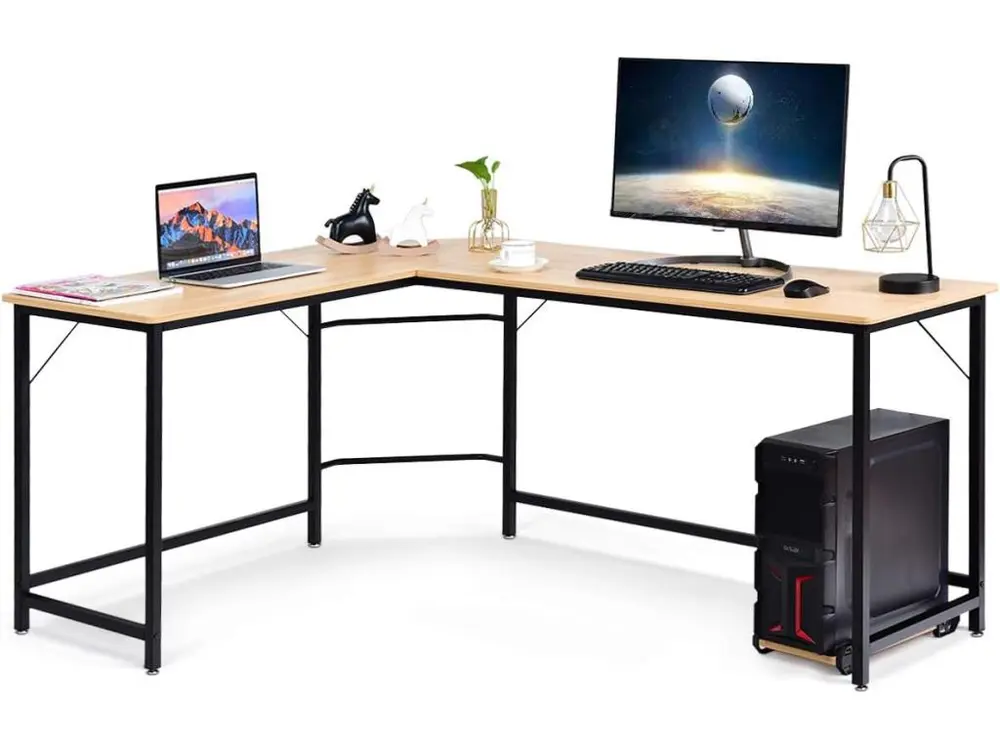 bureau/table informatique,bureau/table d’angle ordinateur coin en bois et métal pour espace limité