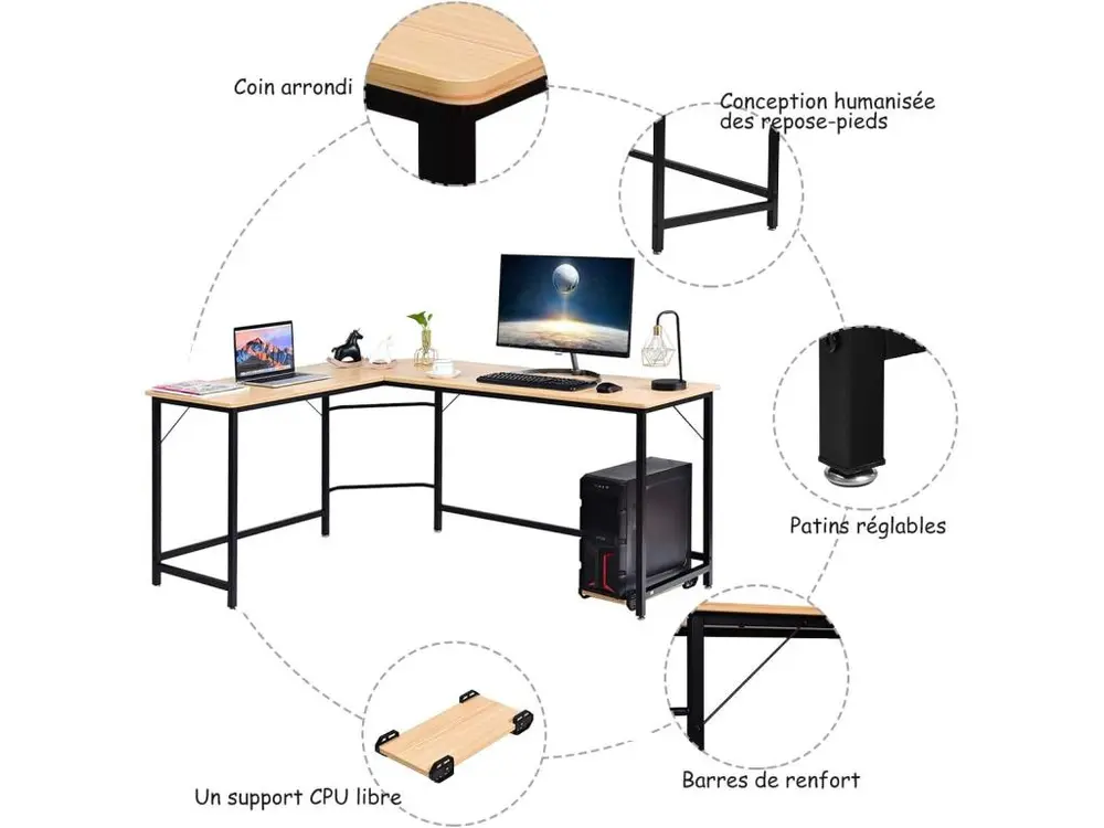 bureau/table informatique,bureau/table d’angle ordinateur coin en bois et métal pour espace limité