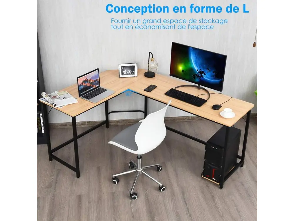 bureau/table informatique,bureau/table d’angle ordinateur coin en bois et métal pour espace limité