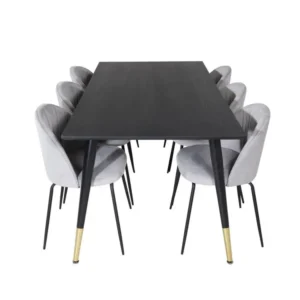 Dipp180x90BLBR ensemble table, table noir et 6 Wrinkles chaises gris. facile à monter