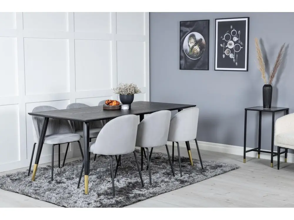 Dipp180x90BLBR ensemble table, table noir et 6 Wrinkles chaises gris. facile à monter