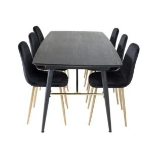 Doré ensemble table, table extensible longueur cm180 / 220 noir et 6 Polar chaises Velours noir, laiton décor.