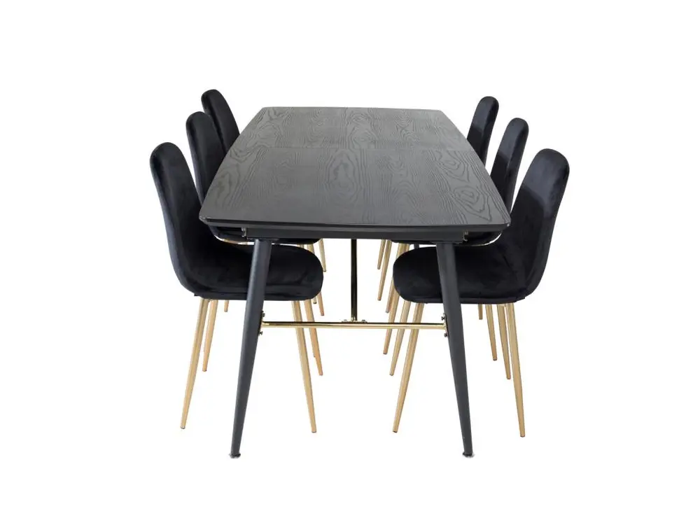 Doré ensemble table, table extensible longueur cm180 / 220 noir et 6 Polar chaises Velours noir, laiton décor.