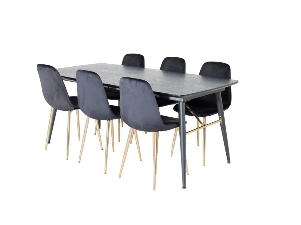 Doré ensemble table, table extensible longueur cm180 / 220 noir et 6 Polar chaises Velours noir, laiton décor.