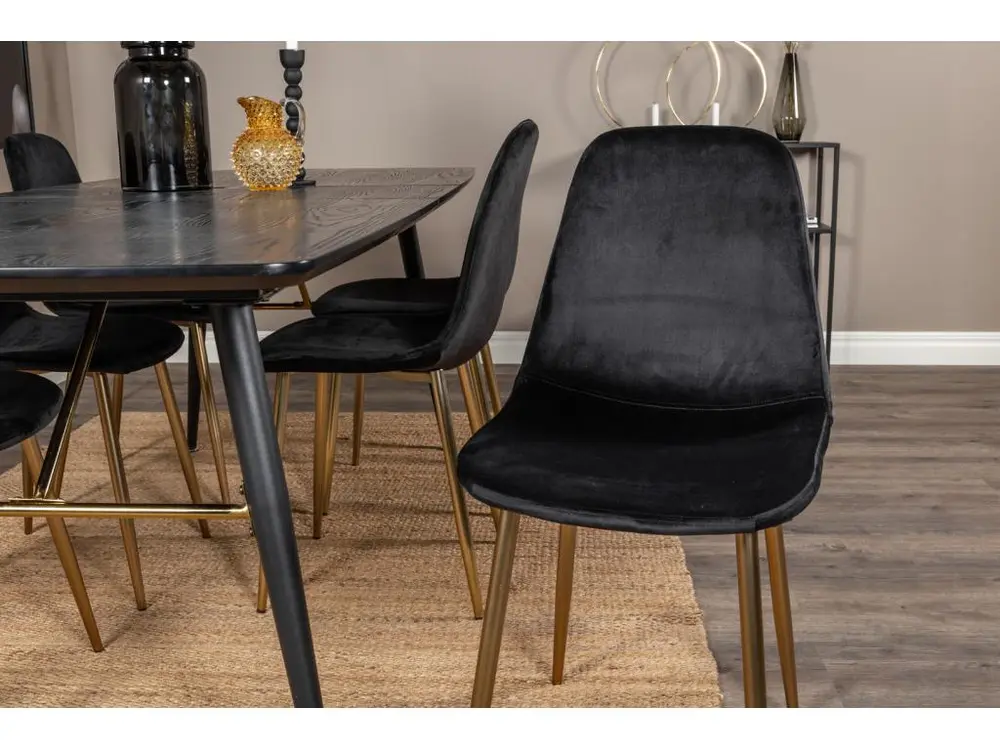 Doré ensemble table, table extensible longueur cm180 / 220 noir et 6 Polar chaises Velours noir, laiton décor.