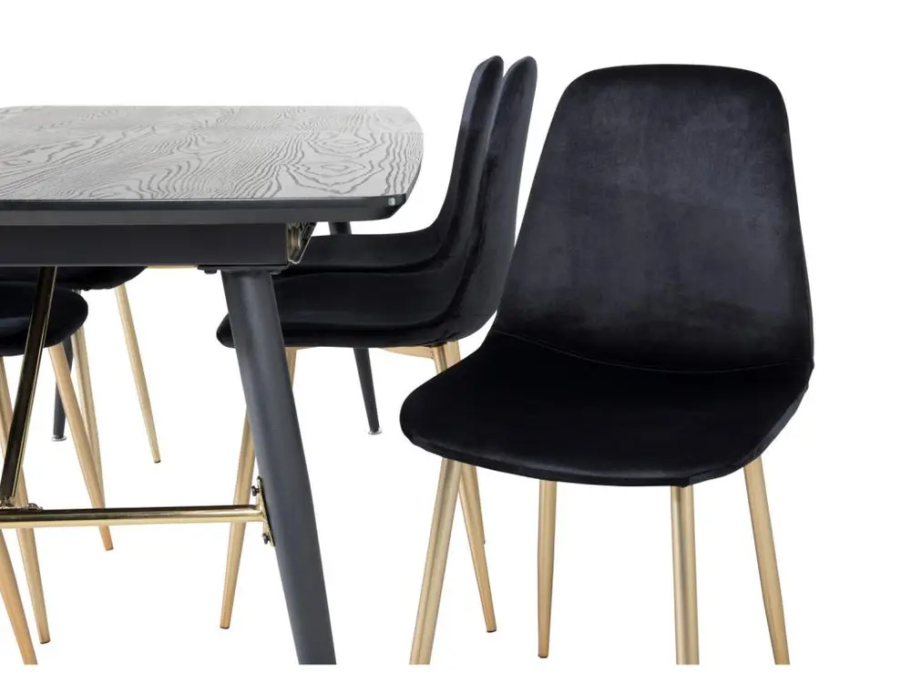 Doré ensemble table, table extensible longueur cm180 / 220 noir et 6 Polar chaises Velours noir, laiton décor.