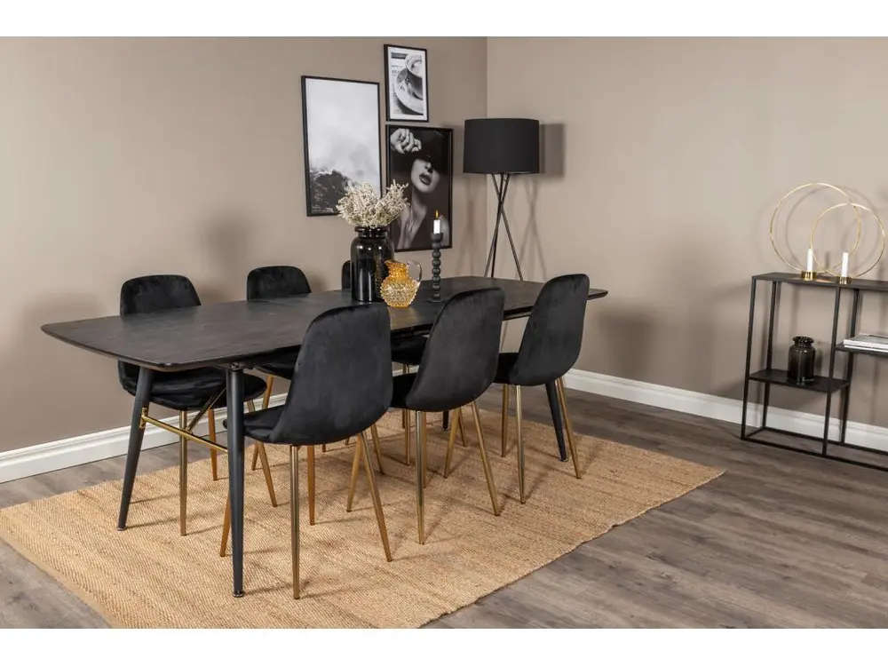 Doré ensemble table, table extensible longueur cm180 / 220 noir et 6 Polar chaises Velours noir, laiton décor.