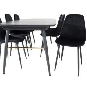 Doré ensemble table, table extensible longueur cm180 / 220 noir et 6 Polar Diamond chaises Velours noir.