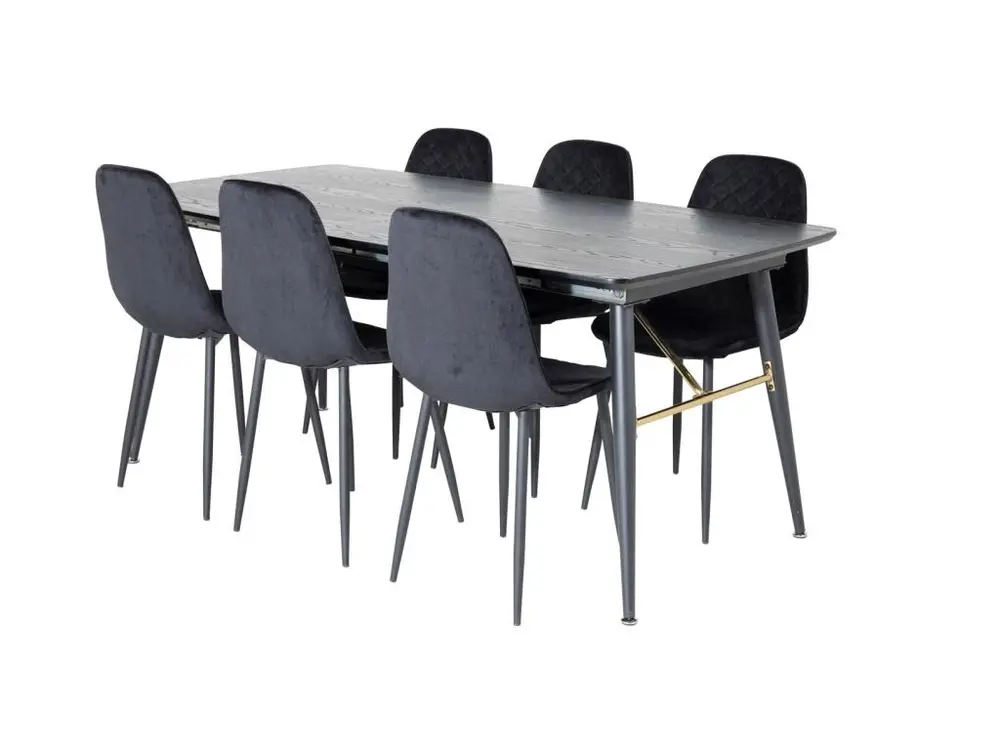 Doré ensemble table, table extensible longueur cm180 / 220 noir et 6 Polar Diamond chaises Velours noir.