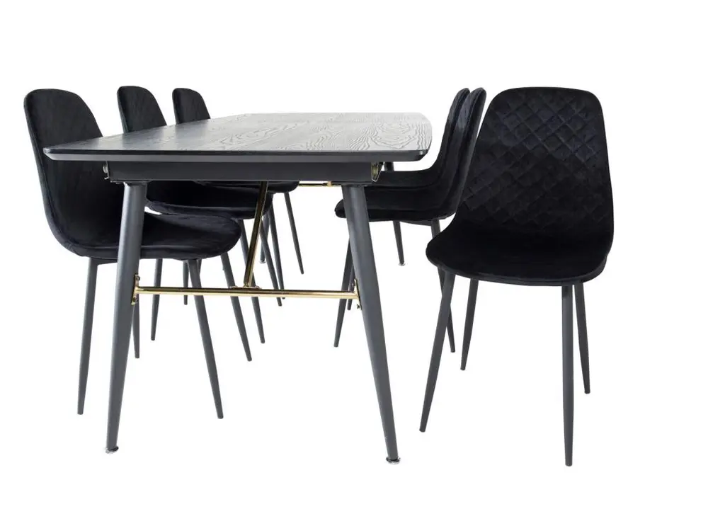 Doré ensemble table, table extensible longueur cm180 / 220 noir et 6 Polar Diamond chaises Velours noir.
