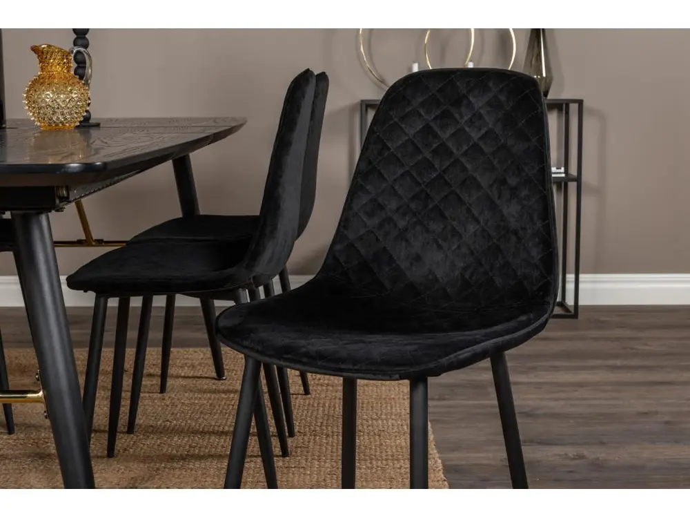 Doré ensemble table, table extensible longueur cm180 / 220 noir et 6 Polar Diamond chaises Velours noir.