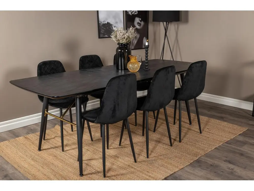 Doré ensemble table, table extensible longueur cm180 / 220 noir et 6 Polar Diamond chaises Velours noir.