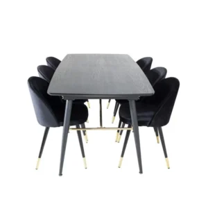 Dorure ensemble table, table extensible longueur cm180 / 220 noir et 6 Velvet chaises Velours noir, laiton décor.