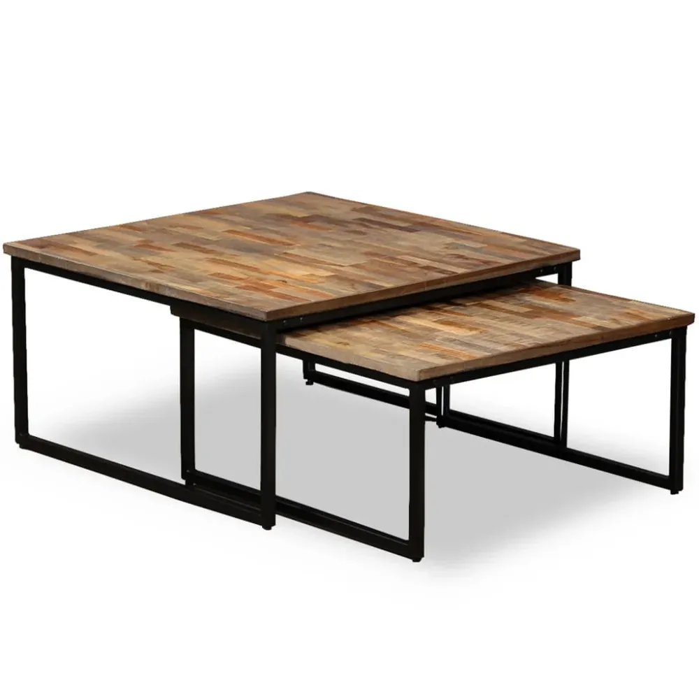 Ensemble de deux table basse en teck massif récupération marron et acier DEC031253 pour espace limité