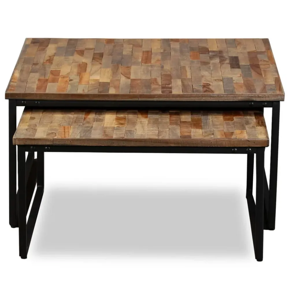 Ensemble de deux table basse en teck massif récupération marron et acier DEC031253 pour espace limité
